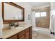 Bathroom features a granite counter, a large framed mirror, and tiled shower at 6071 S Detroit St, Centennial, CO 80121