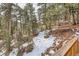 Backyard view of the home with a swing nestled among the snowy forest landscape at 7219 S Brook Forest Rd, Evergreen, CO 80439