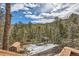 Exterior view of the home nestled in the forest, with a shed and seasonal landscaping at 7219 S Brook Forest Rd, Evergreen, CO 80439