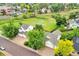 Neighborhood aerial view showcases multiple homes with lush greenery, proximity to open space, and a lake at 5960 S Estes St, Littleton, CO 80123