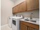 Functional laundry room featuring modern appliances, countertop space, and ample cabinet storage at 8440 Rush Creek Ave, Littleton, CO 80125