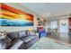 Comfortable living room with dining area, featuring a large painting, stylish furniture, and wood flooring at 2001 Lincoln St # 2213, Denver, CO 80202