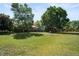 Large, grassy backyard with mature trees and a distant view of the home at 7552 Nikau Dr, Niwot, CO 80503