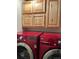 This laundry room features a modern washer and dryer set with overhead cabinetry at 3294 Sentinel Dr, Boulder, CO 80301