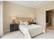Comfortable bedroom featuring a queen bed, decorative lamps, and an ensuite bathroom at 7600 Landmark Way # 1215, Greenwood Village, CO 80111