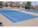 Community tennis court with a blue surface, well-maintained net, and surrounding trees at 17018 Carr Ave, Parker, CO 80134