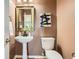 Stylish powder room featuring a pedestal sink, decorative mirror, and modern fixtures at 10726 Amesbury Way, Highlands Ranch, CO 80126