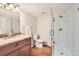Bathroom with modern glass shower, wooden cabinets and granite countertops at 10726 Amesbury Way, Highlands Ranch, CO 80126
