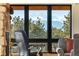 Scenic mountain view through the living room windows next to a stone fireplace at 3535 Eagle Ridge Rd, Longmont, CO 80503