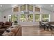 Bright living room with large windows, dining area, and access to an outdoor patio at 2230 S Platte River Rd, Sedalia, CO 80135