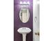 Powder room featuring an oval mirror above a pedestal sink and purple accent wall at 3408 S Kittredge St, Aurora, CO 80013
