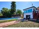 Inviting backyard featuring a refreshing pool, patio dining area, and lush greenery, perfect for outdoor relaxation and entertaining at 2141 W Gill Pl, Denver, CO 80223