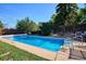 Refreshing backyard pool surrounded by a spacious deck and lush landscaping at 2141 W Gill Pl, Denver, CO 80223