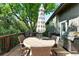 A cozy back deck features a round table with chairs and an umbrella with a grill at 5616 S Kenton Ct, Englewood, CO 80111