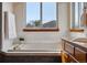 Bright bathroom featuring a soaking tub under a window with a wood trim at 9515 Dolton Way, Highlands Ranch, CO 80126