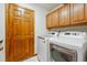 This laundry room features new washer and dryer units and wood cabinets for extra storage at 9515 Dolton Way, Highlands Ranch, CO 80126