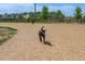 A dog park with a running dog, surrounded by a wooden fence, and nearby houses at 4670 Tanner Peak Trl, Brighton, CO 80601