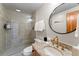 Bathroom with walk-in shower and granite counter vanity at 110 Windwood Cir, Breckenridge, CO 80424