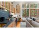 Cozy living room with wood accents, large windows providing natural light and views, and a built-in bar at 110 Windwood Cir, Breckenridge, CO 80424