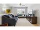 Bright living room featuring a blue sofa, carpet, a ceiling fan and large window providing plenty of natural light at 2307 Candleglow St, Castle Rock, CO 80109