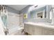 Well-maintained bathroom featuring a shower-tub combo and a granite vanity at 2990 E 135Th Dr, Thornton, CO 80241