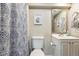Bathroom with blue patterned shower curtain, white fixtures, and a decorative mirror at 9682 Dunning Cir, Highlands Ranch, CO 80126