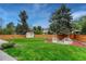 Backyard with well maintained lawn, mature trees, stained wood fence and a storage shed at 1821 E Kettle Ave, Centennial, CO 80122