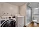 Basement bathroom featuring a washer and dryer next to a shower and toilet at 1821 E Kettle Ave, Centennial, CO 80122