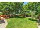 Lush green backyard featuring mature trees, creating a serene outdoor space at 8705 W 86Th Dr, Arvada, CO 80005