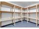 Unfinished basement storage area with wooden shelving, neutral walls, and carpet flooring at 8705 W 86Th Dr, Arvada, CO 80005