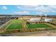 Aerial view of the community showcasing sports fields and water towers, blending recreation with essential infrastructure at 4312 Windmill Dr, Brighton, CO 80601