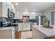 Modern kitchen featuring white cabinets, stainless steel appliances, and dark backsplash at 5486 S Cathay Way, Centennial, CO 80015
