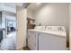 Functional laundry room equipped with a washer, dryer, and shelving for storage at 3596 S Depew St # 2, Lakewood, CO 80235