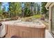 Outdoor hot tub surrounded by lush greenery and towering pine trees at 8795 Rudd Rd, Evergreen, CO 80439