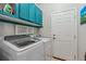 The laundry room has a modern washer and dryer with blue storage cabinets above and a door to outside at 2670 E 136Th Pl, Thornton, CO 80602