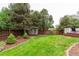 An inviting backyard featuring a green lawn, mature trees, flower beds, and storage shed at 8588 S Woody Way, Highlands Ranch, CO 80126