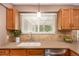Close-up of a kitchen sink area with neutral countertops, wooden cabinets, and a bright window at 8588 S Woody Way, Highlands Ranch, CO 80126