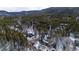 Nestled amongst trees, this aerial view reveals a wooded property, complete with cabin and greenery at 9061 N Rex Ln, Conifer, CO 80433