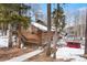 Exterior of a rustic cabin with a green roof, wood siding, surrounded by trees and winter foliage at 9061 N Rex Ln, Conifer, CO 80433