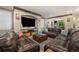 Expansive living room featuring a stone accent wall, large tv, and comfortable seating at 2349 Hickory Pl, Erie, CO 80516