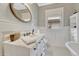 Charming bathroom with white wainscoting, oval mirror, patterned wallpaper, and classic fixtures at 549 N Ogden St, Denver, CO 80218