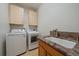Functional laundry room with modern washer, dryer, utility sink and ample cabinet storage at 11811 E Maplewood Ave, Englewood, CO 80111