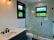 Modern bathroom featuring glass shower enclosure, dual shower heads and gray vanity at 2442 S Saint Paul St, Denver, CO 80210