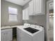 Clean laundry room featuring white cabinets, a sink, a window and modern washer and dryer at 6700 W Dorado Dr # 47, Littleton, CO 80123
