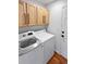 Laundry room featuring new appliances, storage cabinets, and a nearby door to the outside at 19512 E 58Th Dr, Aurora, CO 80019