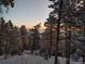 A snowy mountain with some trees, with a sky that has a colorful horizon at 8624 S Doubleheader Ranch Rd, Morrison, CO 80465