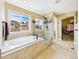 Elegant bathroom featuring a soaking tub, walk-in shower, and a view of the outdoors at 784 Sweet Pine Ct, Monument, CO 80132