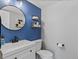 Stylish half bathroom featuring a modern vanity and floating shelves for storage at 20789 E Princeton Pl, Aurora, CO 80013