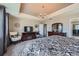 Bright bedroom features a chandelier, ceiling fan, and modern furnishings at 8133 Arapahoe Peak St, Littleton, CO 80125