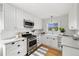 Bright kitchen featuring white cabinets, modern appliances, farmhouse sink, and hardwood floors at 1876 S Adams St, Denver, CO 80210